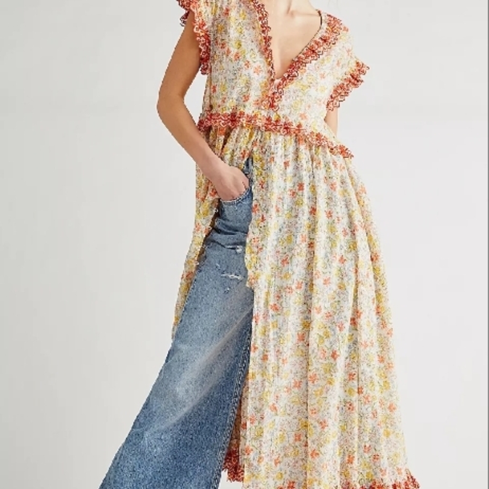 Floral Print Maxi Dress with Red Trim
